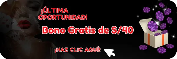 Banner promocional Caliente Casino con bono gratis de S/40 para nuevos usuarios, caja de regalo con fichas moradas y texto última oportunidad