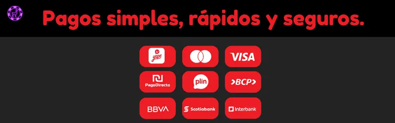 Infografía métodos de pago Caliente con logos PagoEfectivo, Visa, Mastercard, Plin, BCP, BBVA, Scotiabank e Interbank sobre fondo rojo