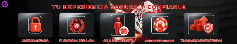 Banner seguridad Caliente Casino con íconos para conexión segura, plataforma regulada, solo mayores de edad, juego responsable y transacciones protegidas