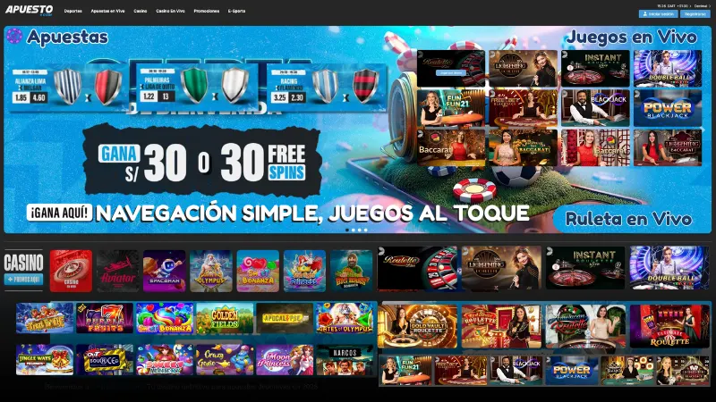 Interfaz del sitio y lobby principal de Apuesto Perú